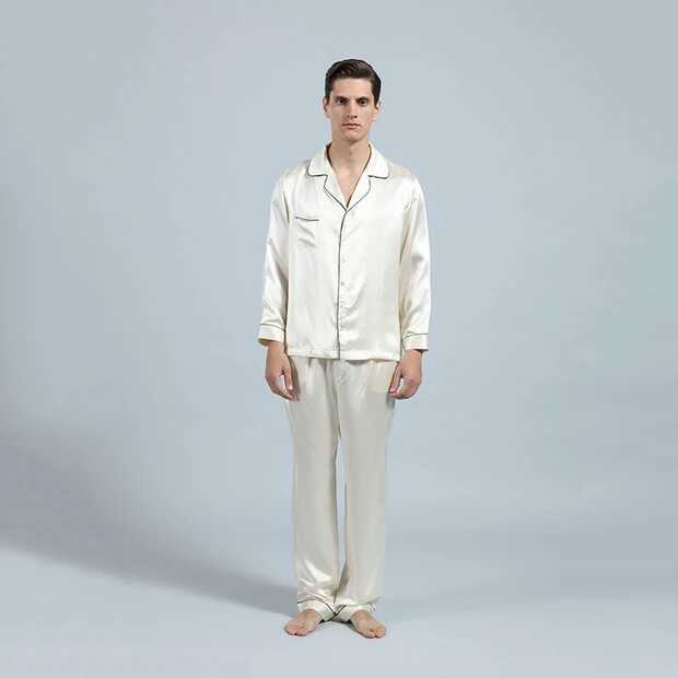 Wholesale 2pcs Set Man Long Pants Long Sleeves 16.5mm 100% Pure Silk Pajamas 