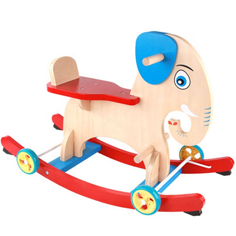 Wholesales Elephant Designed Wooden Rocking Horse Baby Wood Ride On Animal Toys With Wheels 