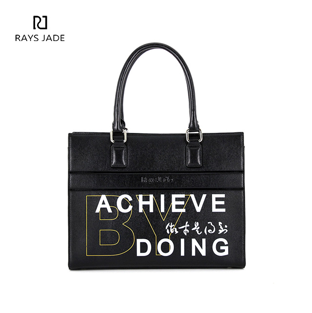 Guangzhou Factory Oem Letter Printed Black Genuine Leather Satchel Tote Bag Women Handbags Luxury Ladies Hand Bag Purses 