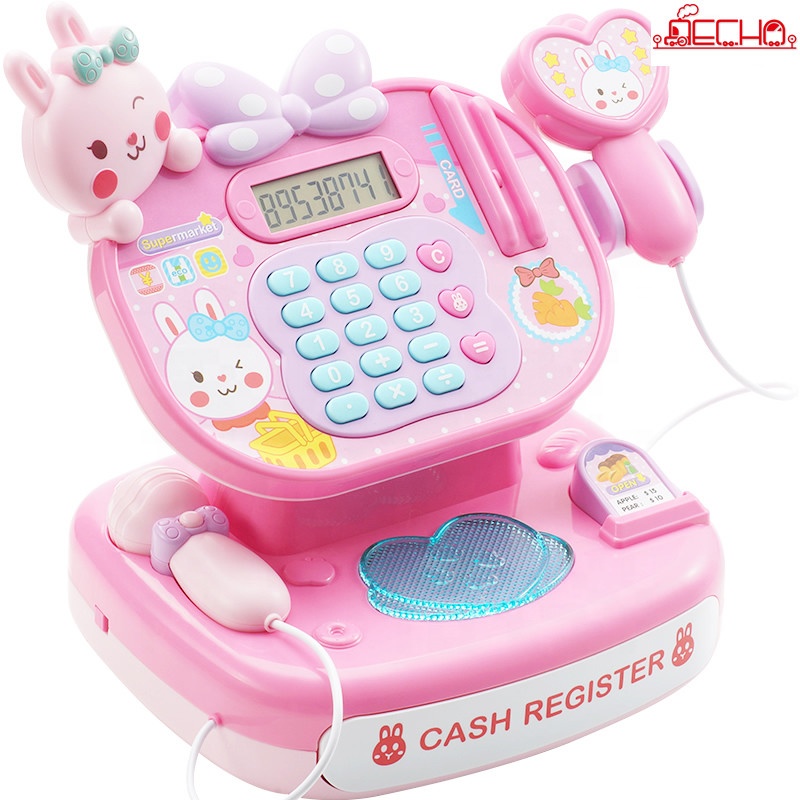 Simulation Children Gift Pink Rabbit Role Play Supermarket Cash Register Toys Set For Kids 