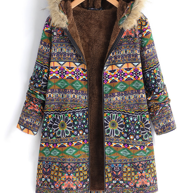 Women Vintage Tribal Hooded Coats Warm Winter Fleece Thicken Jacket Plus Size S-5xl 