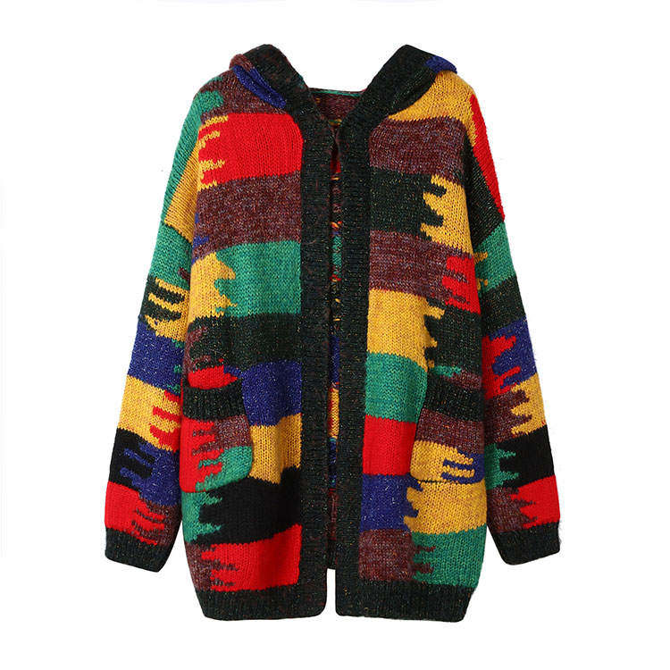 Tengyu Knitwear Hoodie Custom Knitted Colorblock Sweaters Cardigan Women Sweaters 