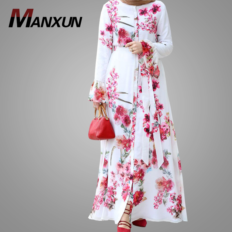 Modern Elegant Women Floral Long Dress 100%polyester Flare Sleeve Muslim Dress Pink Casual Islamic Clothing 