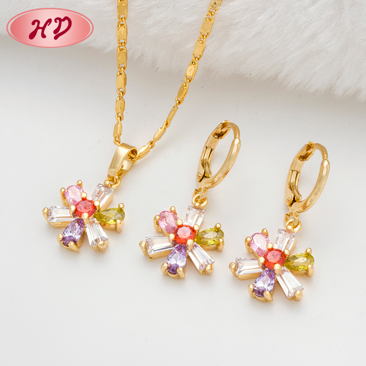 Colorful Dubai Cheap Bridal 18k Gold Plated Zircon Necklace And Earrings Jewelry Set