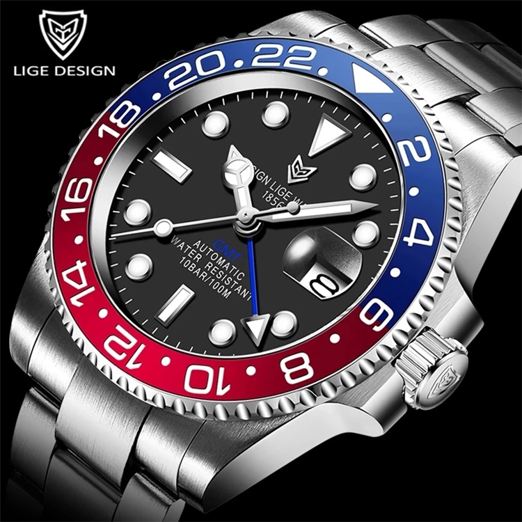 Lige Men Automatic Mechanical Watch Luxury Sapphire Mirror Gmt Business Watch Men Top Brand Stainless Steel Waterproof Watches 
