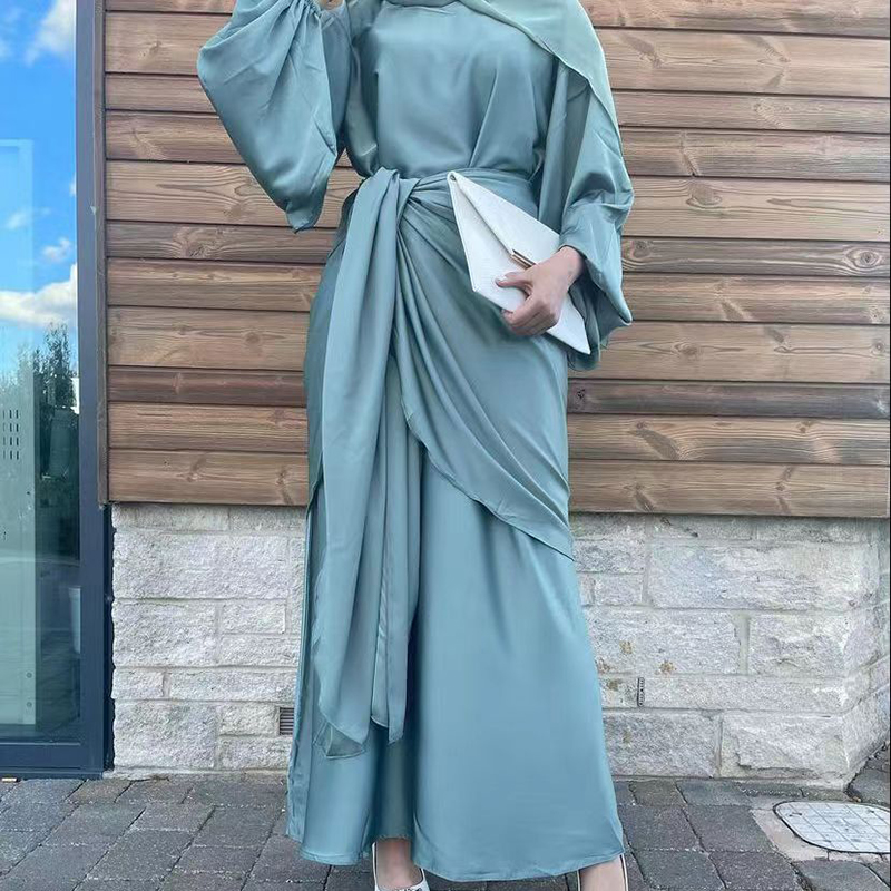 Arab Dubai Eid Dresses For Muslim Girl Thickened Satin Solid Color Wrap Women Muslim Dress 2023 