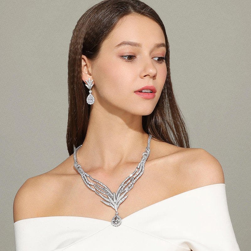 Luxury Waterdrop Cubic Zirconia Diamond Bridal Jewelry Set Statement Wedding Necklace Earring Sets 