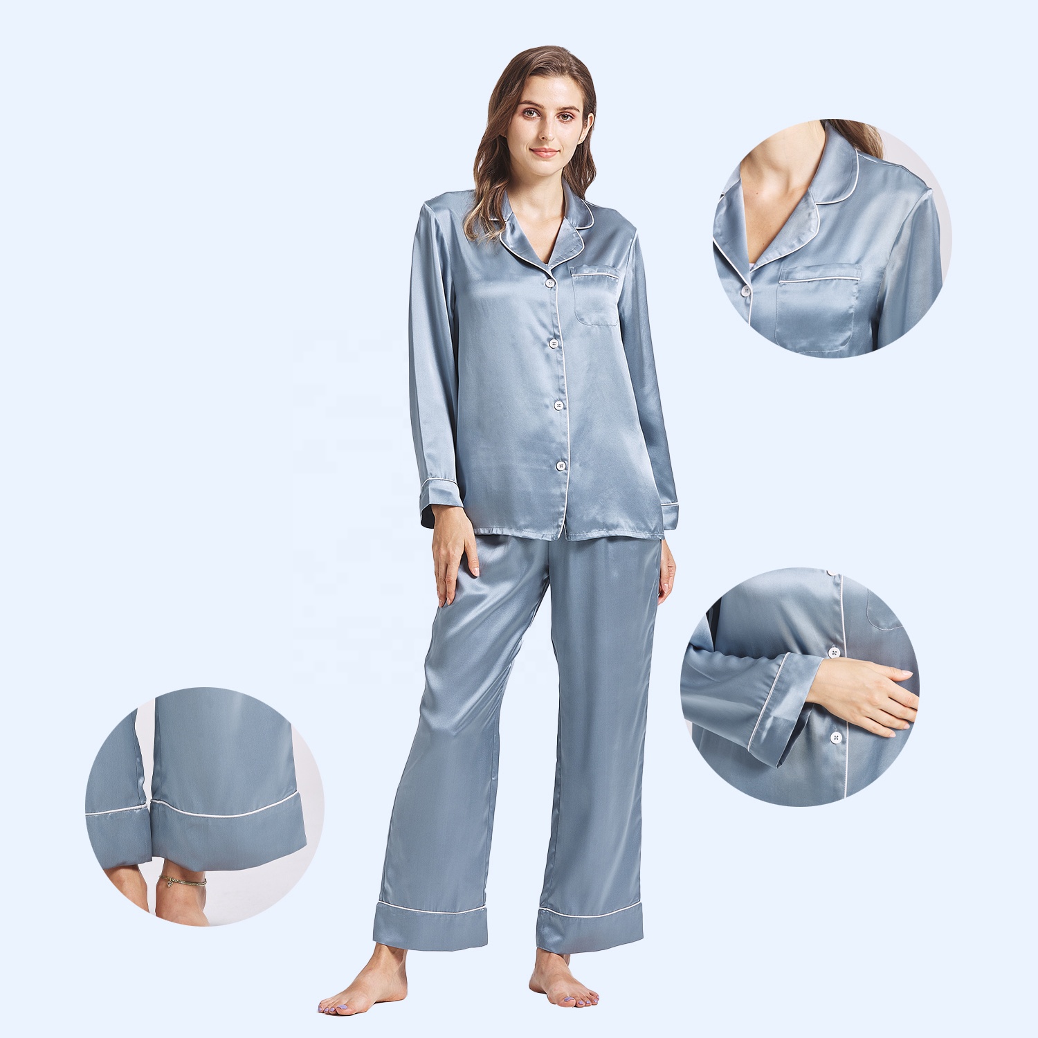 Misty Blue Women's Silk Sleep Wear 16/19/22 Momme Long Sleeve Silk Pajamas Set Comfort Silk Sleepwear 