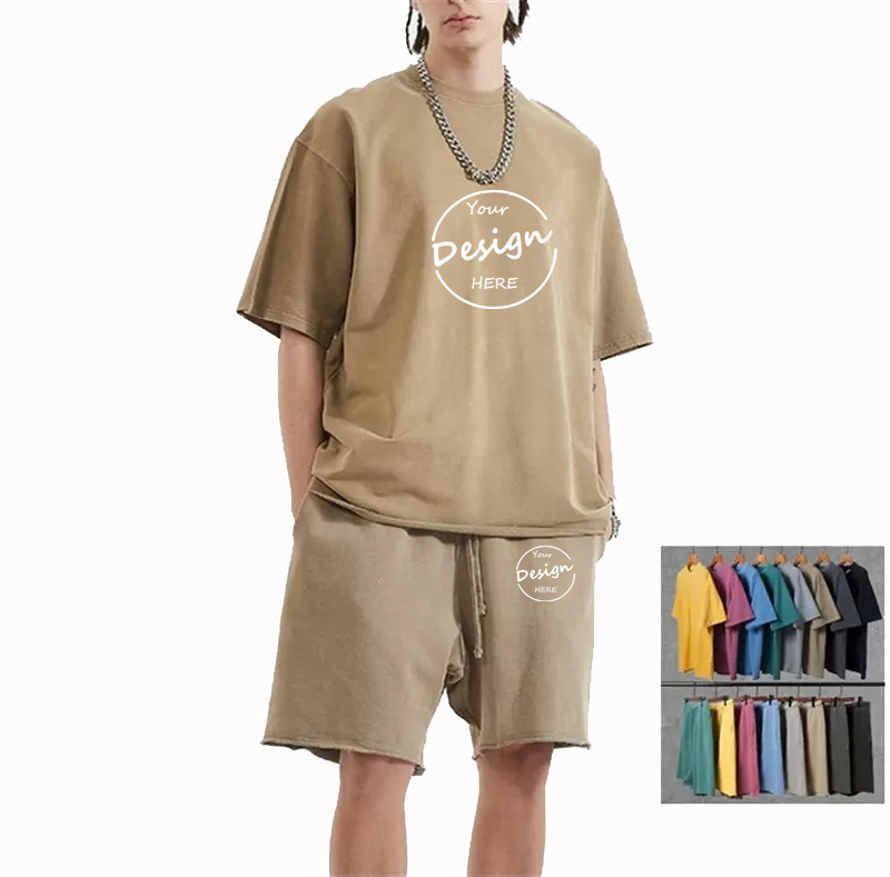 Plain Wholesale T Shirts Short Set Sweat T Shirt And Shorts Sets Washed Vintage Oversize 100% Cotton Tshirt Mens 2 Piece Sets 