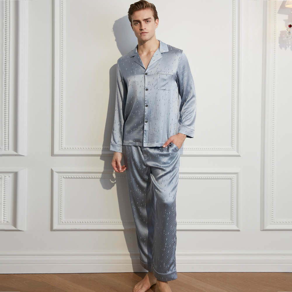 Long Sleeve 100% Pure Silk Lounge Sleepwear Pyjamas Home Clothes Mens Pajamas Set Custom Men&#39;s 2 Pieces Night Sleepwear 