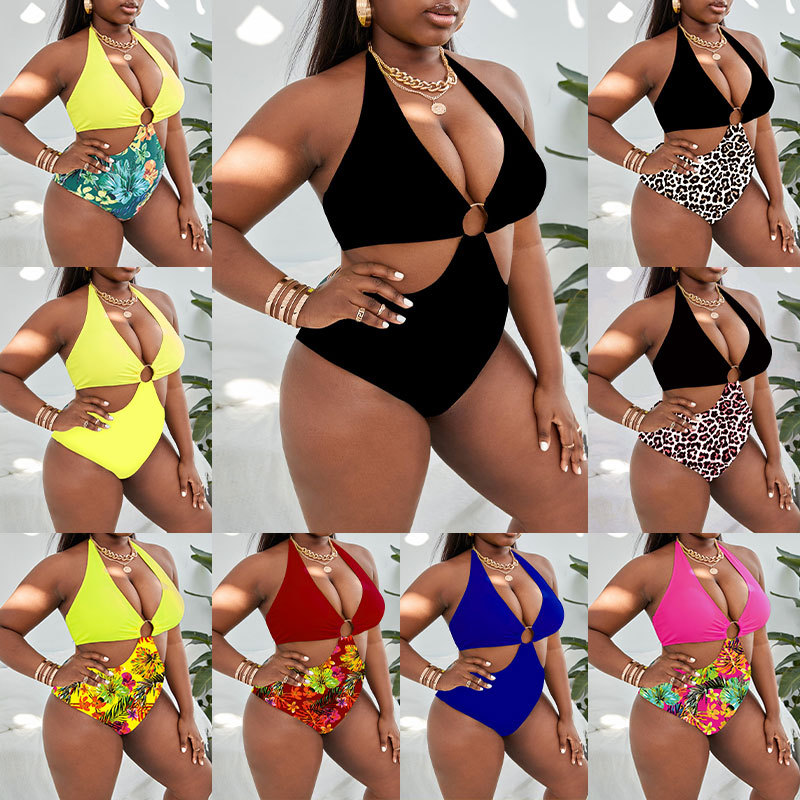 2023 Halter Neck Sexy One-piece Large Size Fat Swimsuit Women's Show Thin Fashion Bikini Plus Size Women Swim Wear 
