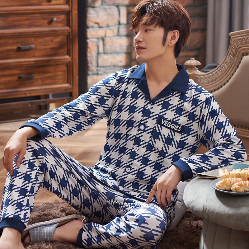 Men&#39;s Pajamas Long Sleeve Large Size Thin Night Dress Cell Print Cotton Sleepwear For Men 