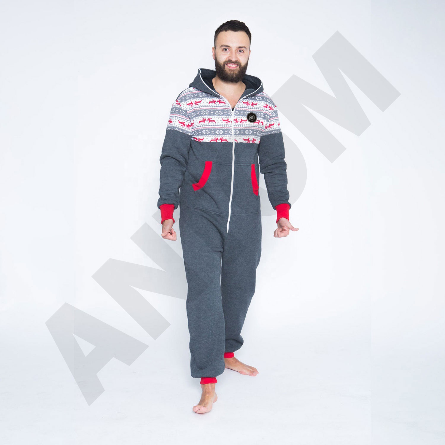 One Piece Non Footed Pajamas Mens Fashion Printing Onesie Hooded Jumpsuit Mens Sleepwear Men&#39;s Onesie Made By Antom Enterprises 