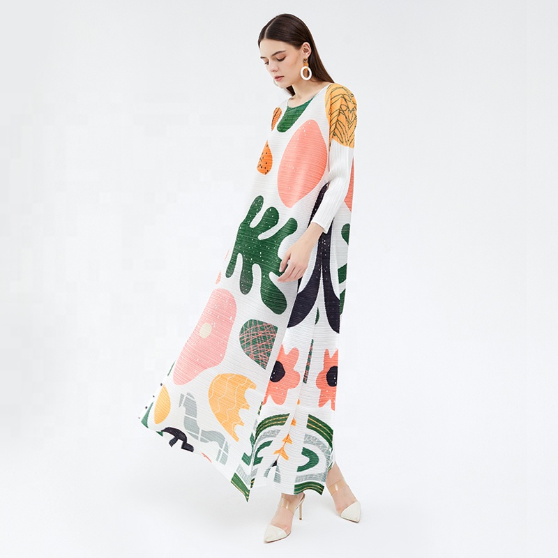 Autumn Women&#39;s 100% Polyester Print Miyake Pleated Long Sleeve Dress Flower Free Size Women&#39;s Dress 