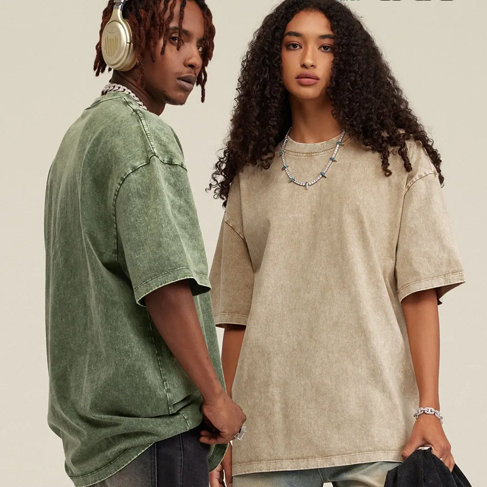 220g Heavyweight Cotton Vintage Unisex T-shirt Men Garment Dyed Print Graphic Acid Wash T Shirts 