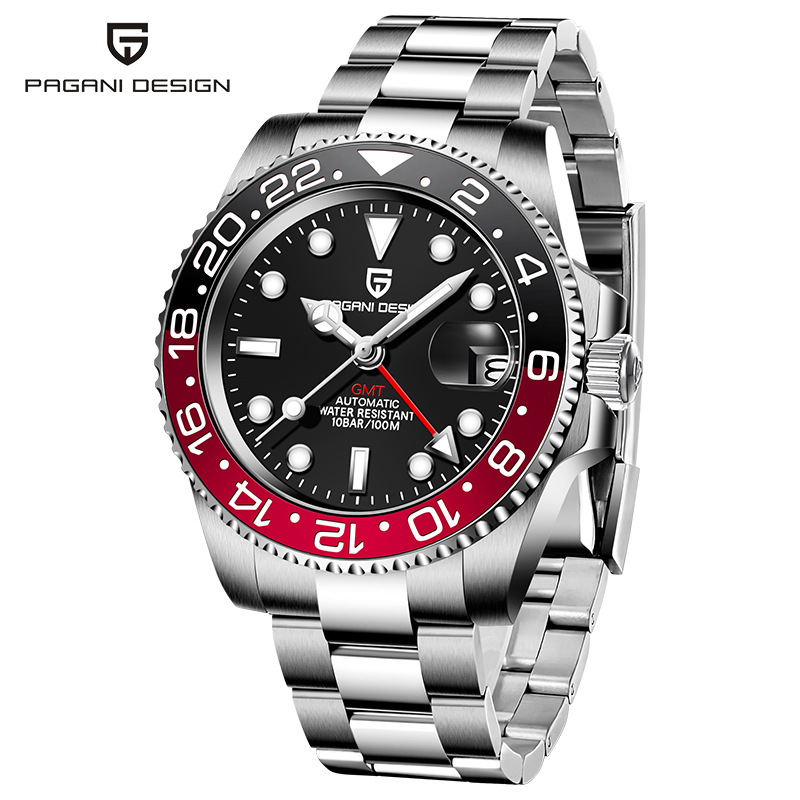 Oem Luxury Men Automatic Wristwatch Stainless Steel Gmt 100m Waterproof Watch Top Sapphire Glass Mechanical Watch Reloj Hombre 