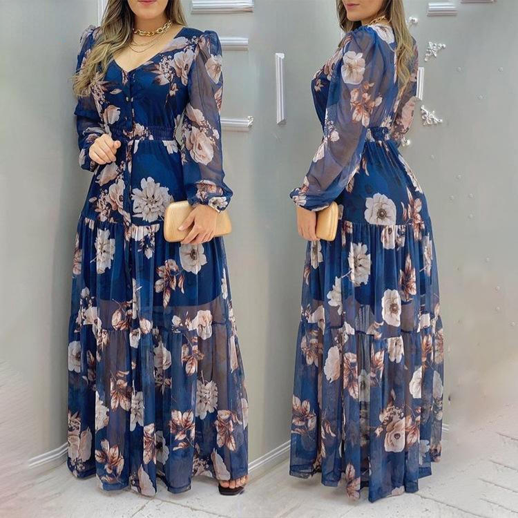 Wholesale Customized Chiffon Floral Dress Casual V Neck Mesh Print Maxi Dresses Women Elegant Long Dress 