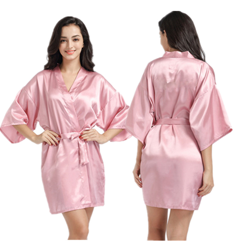 Fashion Plain Sexy Robe Half Sleeve Nightgown Silk Satin Kimono Spa Robes Women Robe Sleepwear 