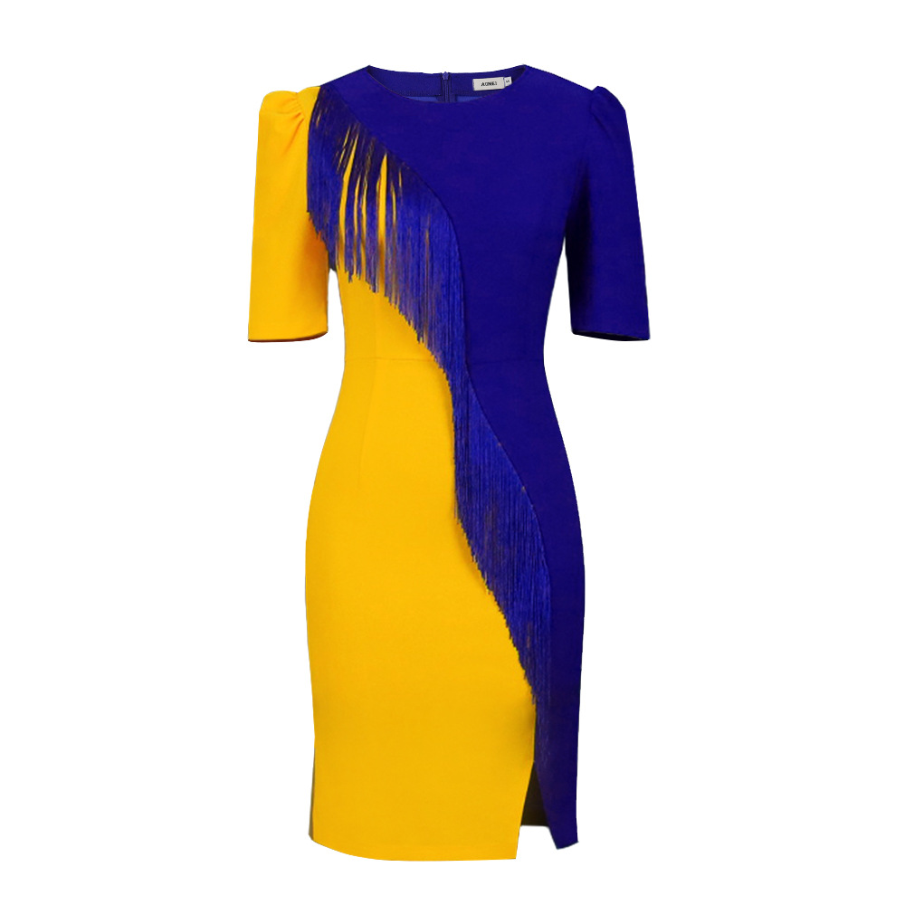 Custom Design Royal Blue Tassel Yellow Solid Color Sigma Gamma Rho Party Wear Society Greek Letter Soror Women Bodycon Dress 