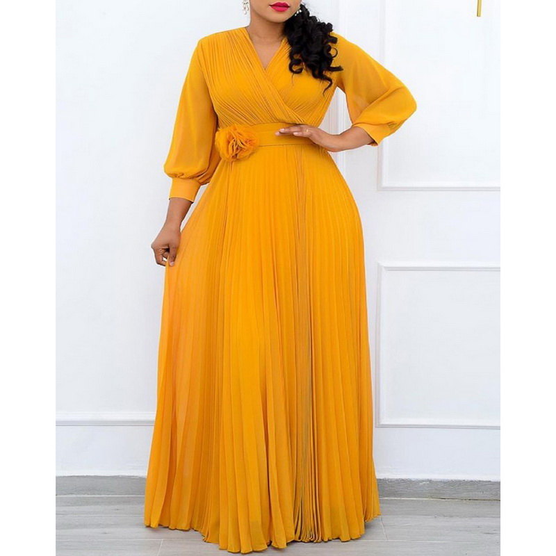 New Design Temperament Tommuter Splicing High Waist Loose Long Dress Plus Size Womens Dress Pleated Dress With Free Belt 