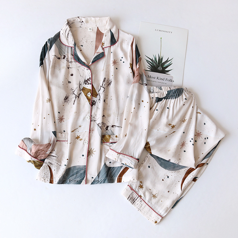 Spring Summer New Tropical Plant Print 100% Viscose Skimt 3 Piece Set Long Sleeve Pants Ladies Pajamas Set Women&#39;s Sleepwear 
