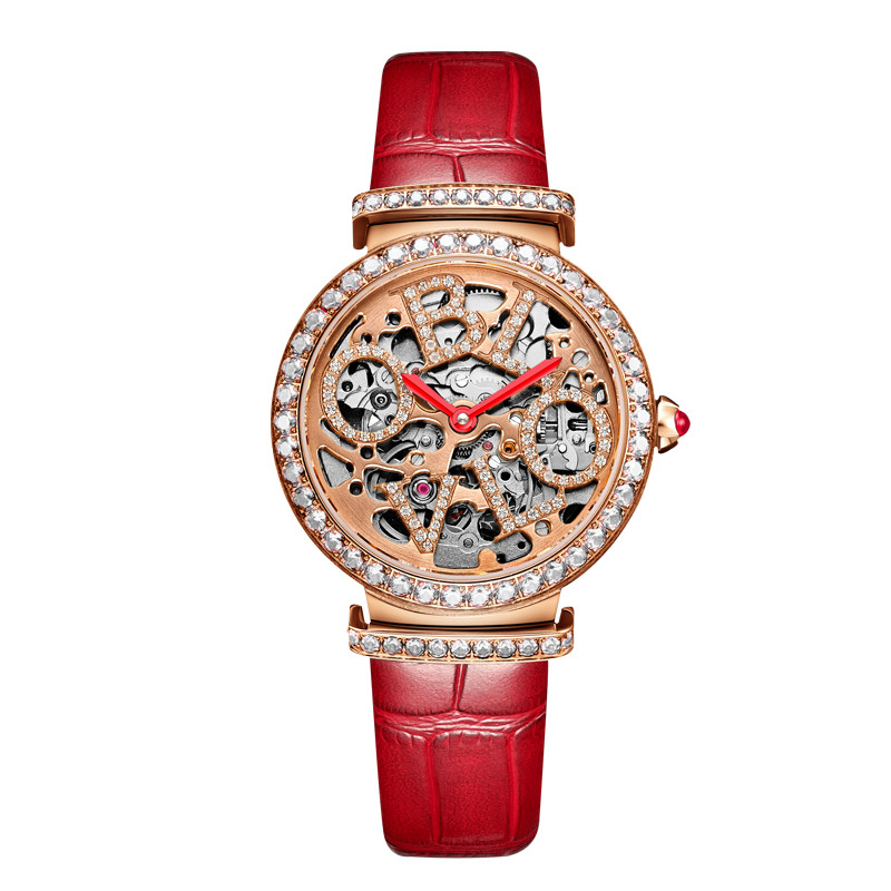 Oblvlo Luxury Women Skeleton Crystal Waterproof Rose Gold Automatic Ladies Female Wrist Leather Mechanical Watch 
