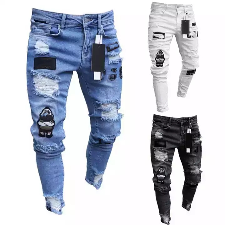 New Italy Style Men&#39;s Distressed Destroyed Badge Pants Art Patches Biker White Jeans Slim Trousers Men Denim Jeans 