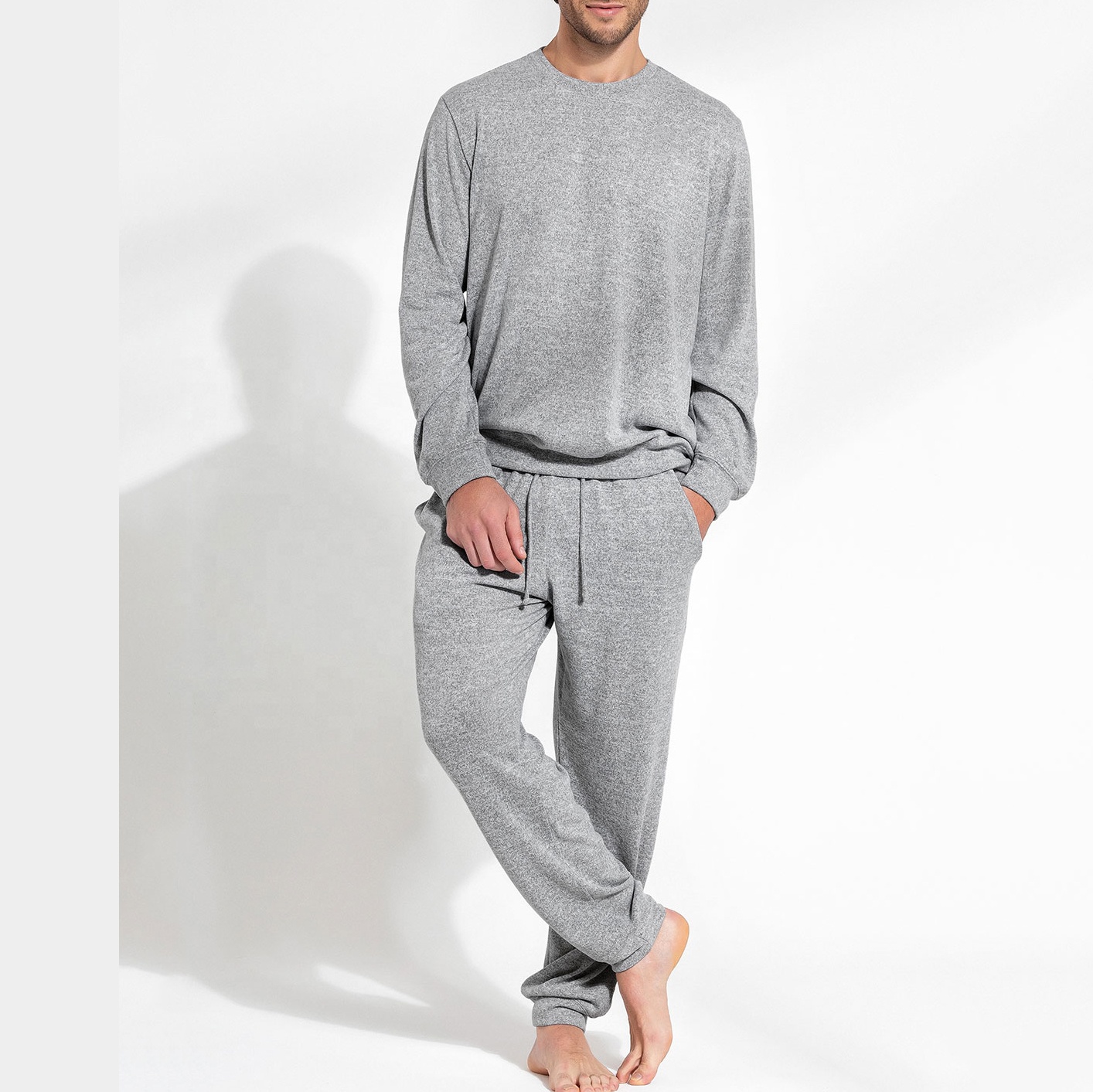 Men&#39;s Ultra Comfort Pajama Set Knitted Long Sleeve Tops Jogging Casual Pants Homewear Nightshirt 2 Piece Custom Men Sleepwear 