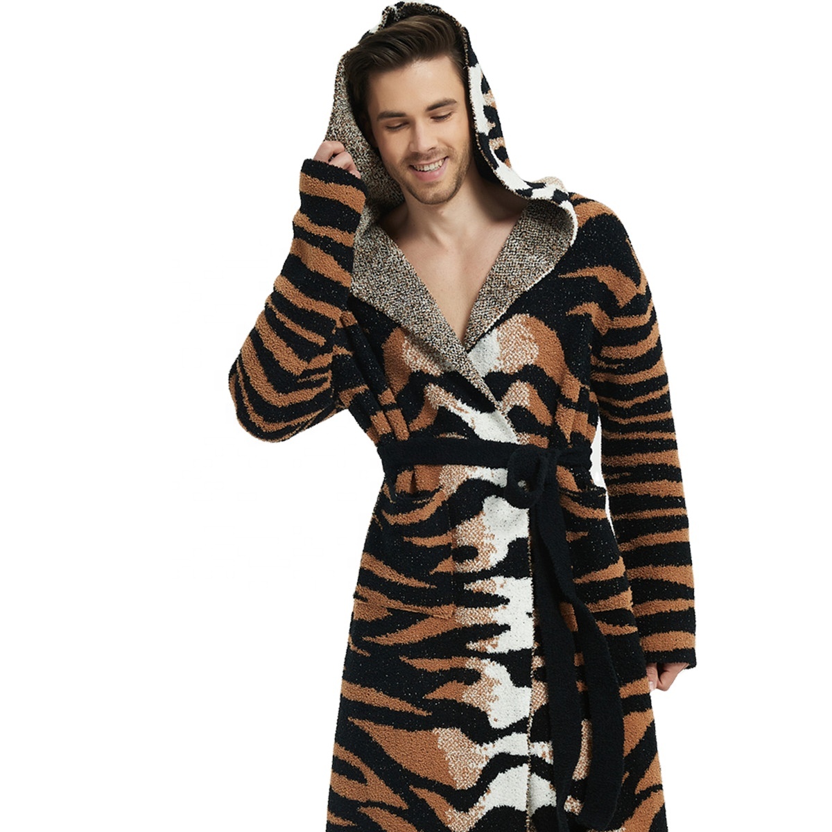 Domineering Tiger Texture Microfiber Soft Home Sleepwear Men Knitted Sweaters Men Ypt 