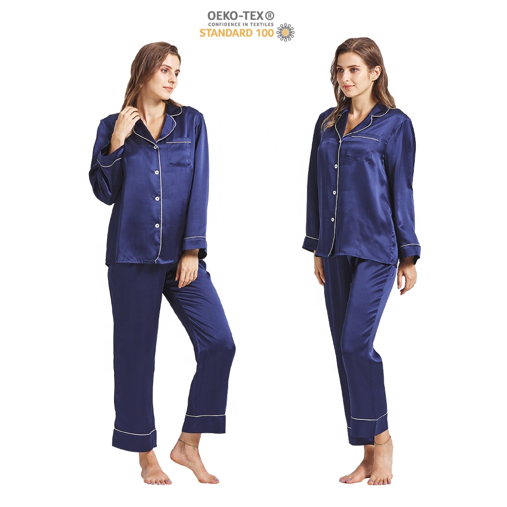 Womens 22momme Organic Silk Pajama Sets Long Sleeve Robe Navy Blue Silk Sleepwear For Women Homewear Night Silk Pyjamas Women 