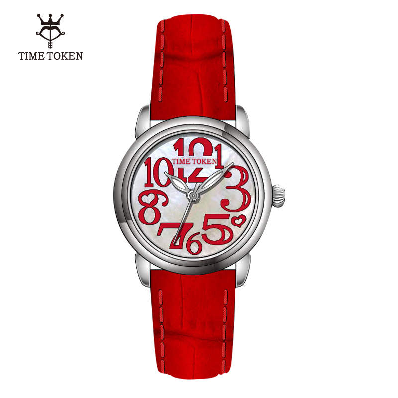 TIME TOKEN Fashion 316l Women Stainless Steel Watch Mother of Pearl Quartz Watches Luminous Genuine Leather Watch for Women