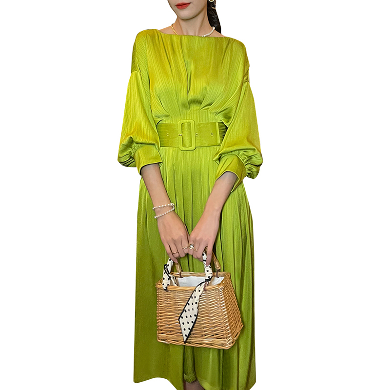 Twotwinstyle Elegant Dress For Women Sashes Lace Up Midi Dresses Female 2022 Fashion Clothing New 