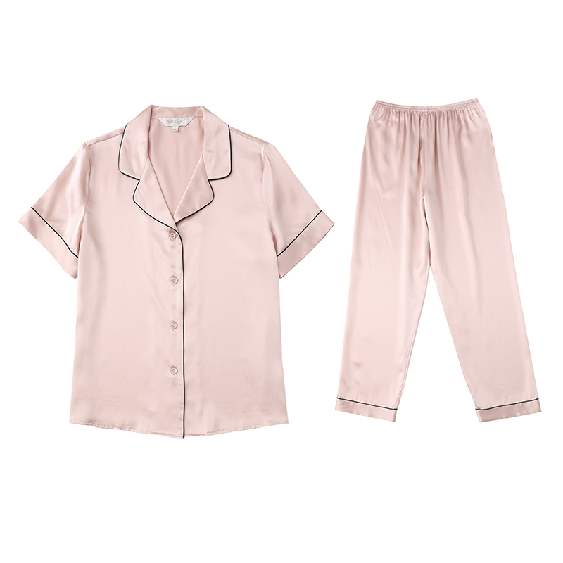 Wholesale Pure Color 100% Silk Pyjama Women Sleepwear Short Set Short Sleeve Homewear Silk Pajamas 