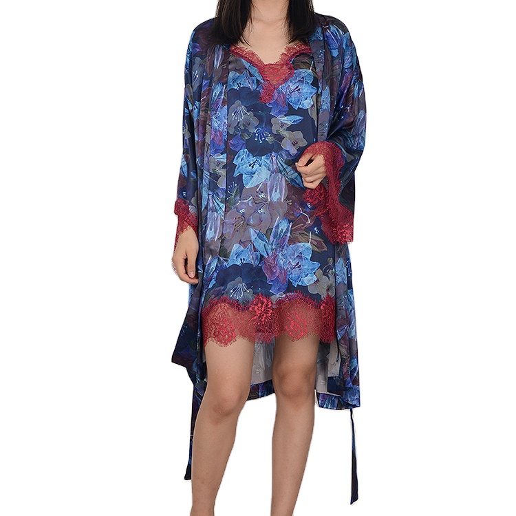 Guixiu Women&#39;s 100% Silk Robe &amp; Slip Set Print Silk Sleepwear 
