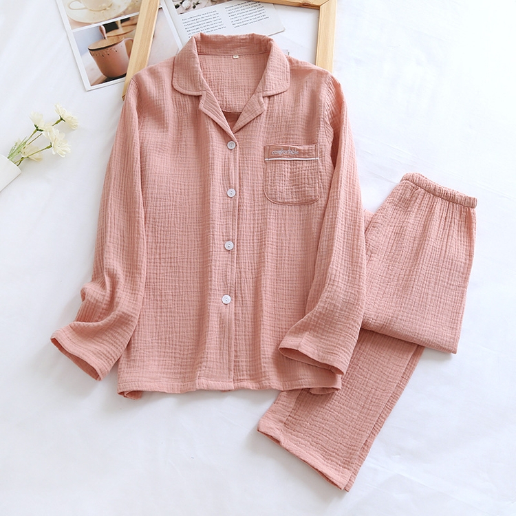 2021couple&#39;s Cotton Crepe Double Layer Gauze Pajamas Men And Women Large Size Sleepwear Long Sleeve Solid Pyjamas Two Piece 