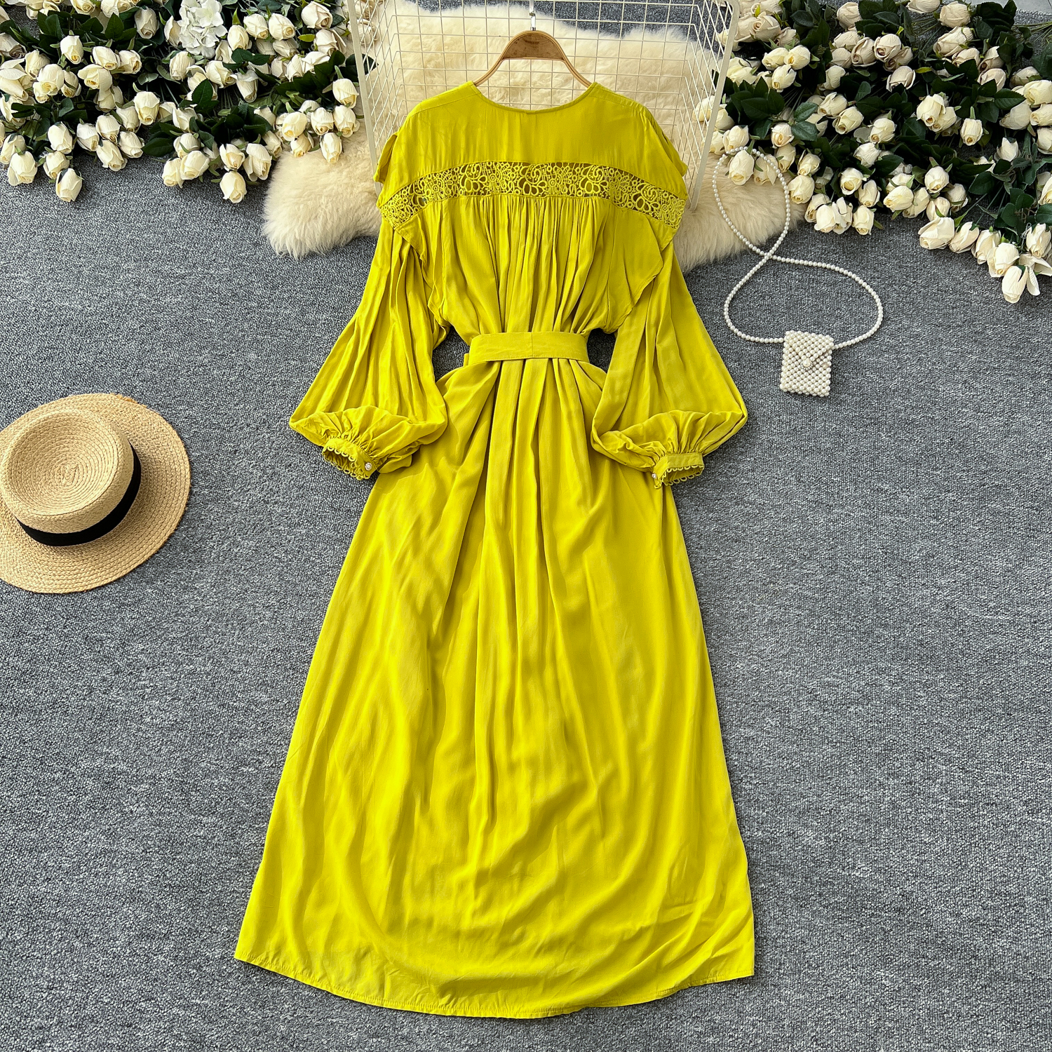 LW0052 French Vintage Hollowed-Out Hook Lace Patchwork Lantern Sleeve Dress Women Tie Waist Temperament Long Dress