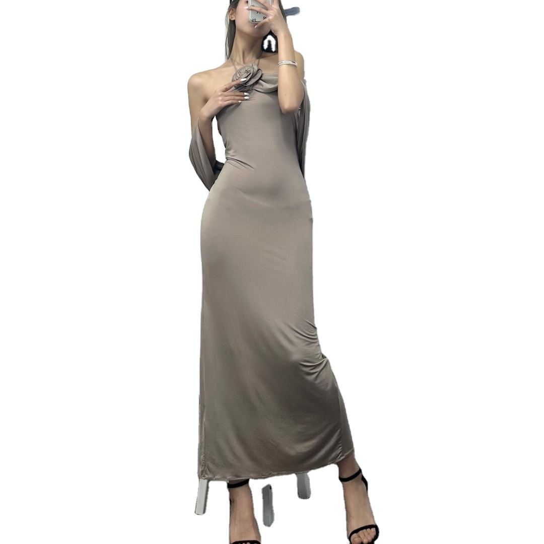 Floral-applique Silk Blend Gown Luxury Ready-to-wear Brand Halter Neck Women's Solid Color Sexy Dress Wholesale Women's Clothing