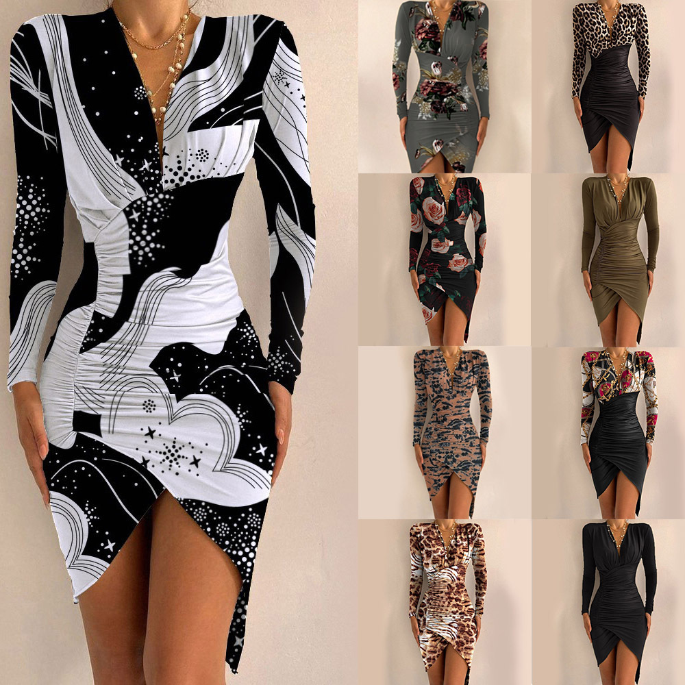 2022 Autumn Long-sleeved V-neck Printed Tight-fitting Slit Dress Women&#39;s Clothing 