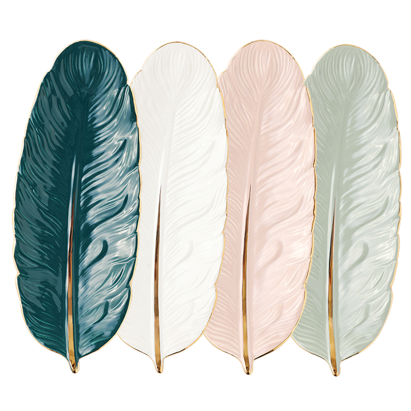 Nordic Luxury Desktop Decorative Feather Shaped Ceramic Jewelry Plate Dish Home Decoration 