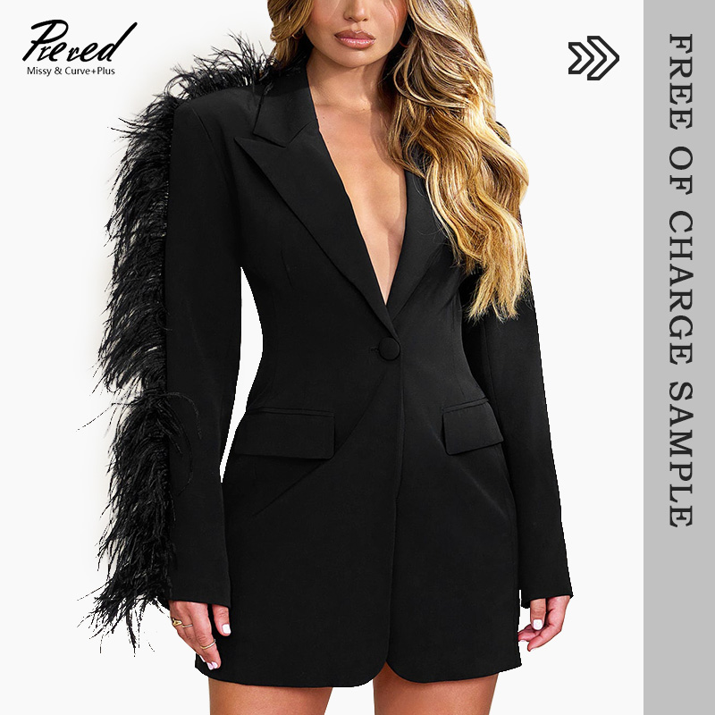 Prered Missy White Color Black Color Feather Wrap Women Blazer Mini Dresses For Office Party Ladies Wear Blazer Suits 