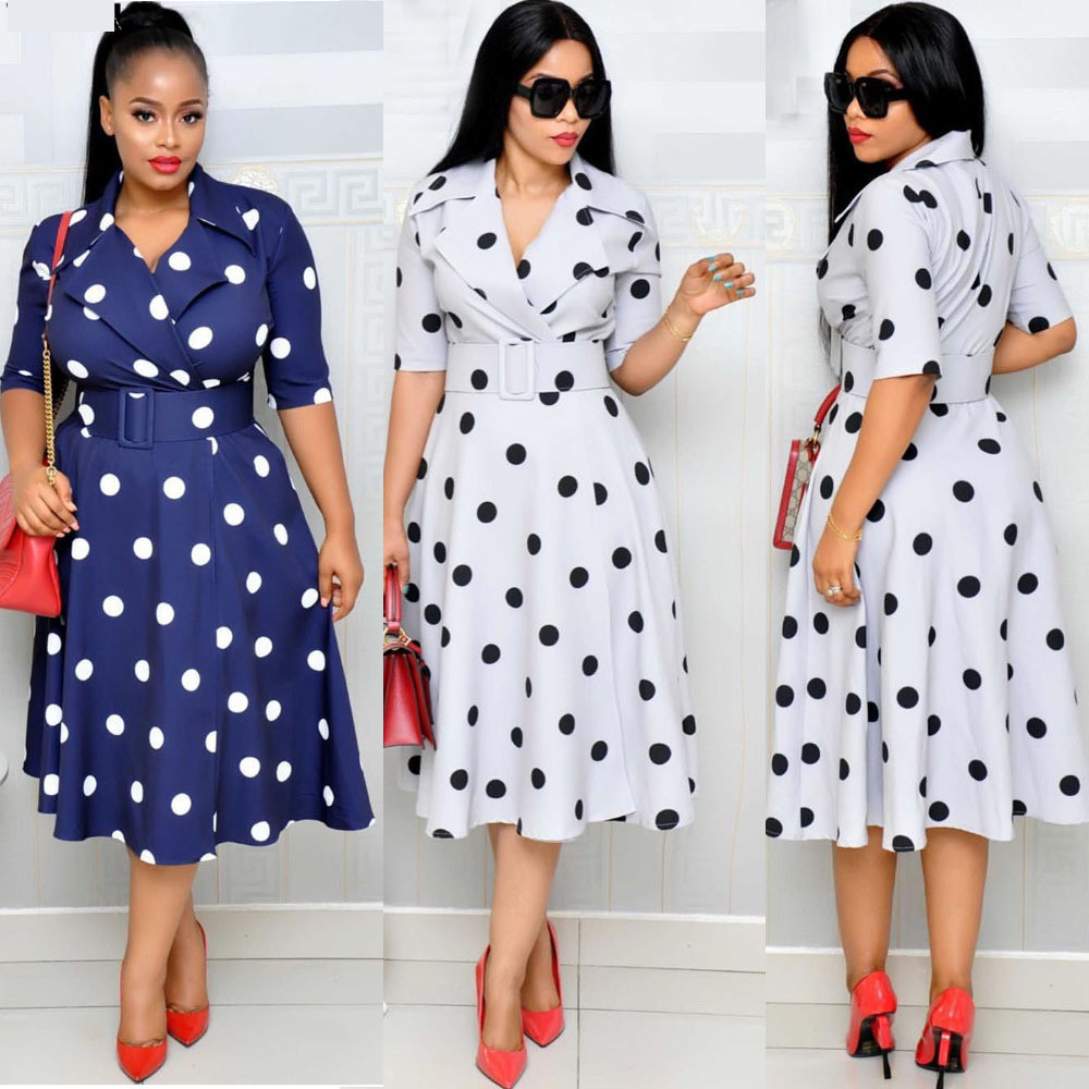 Hot Sale Elegant V Neck Women&#39;s Clothing Polka Dot Elegant Tie Waist A-line Belted Office Dress 