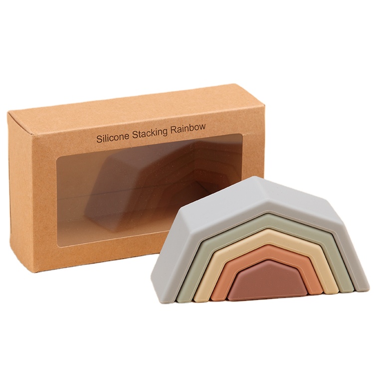 Dongli New Bpa-free Organic Soft Silicone Stacking Rainbow Baby Toys With Gift Box For Children 