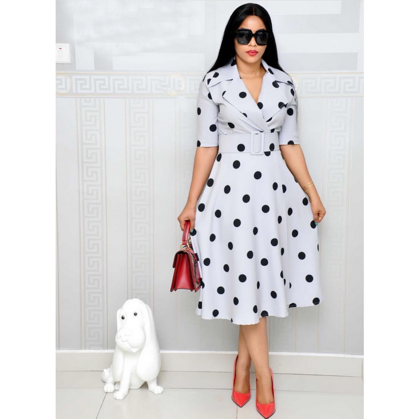 Wholesale Customize Large Lapel Women&#39;s Clothing Polka Dot Elegant Tie Waist A-line Belted Office Dress Plus Size Woman Dress 