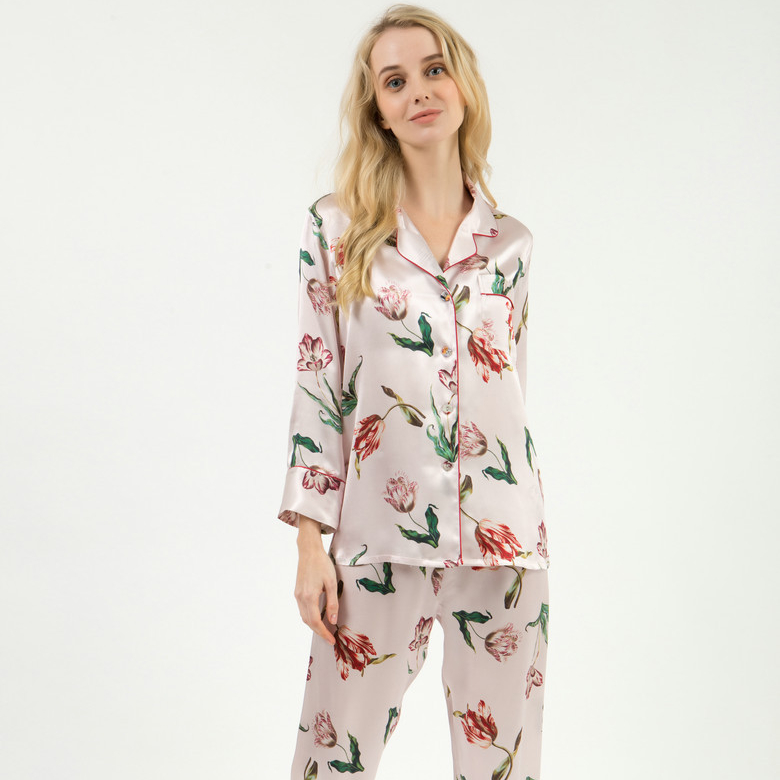 Wholesale Satin Sleep Wear 100% Pure Silk Pyjamas Set Women Silk Pajamas Long Sleeves Long Pants Set 