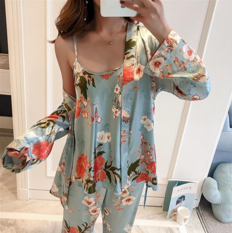 2022 New Design Fashion Lace Pajama Set Sexy Flower Color Nightdress Women&#39;s Sleepwear 3 Piece Set 