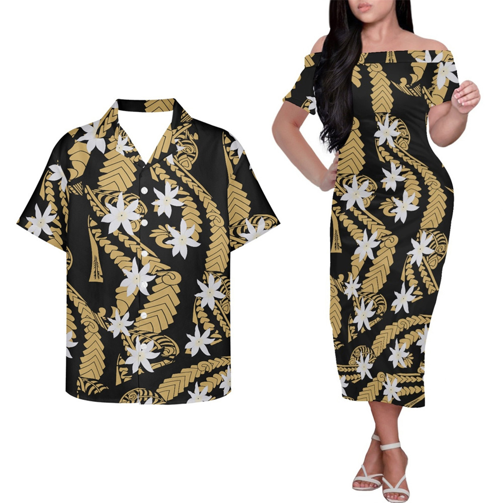 Dresses Women Off Shoulder Custom Polynesian Tongan Fijian Tribal Pacific Island Dress Designs Couples Matching Outfits Dress 
