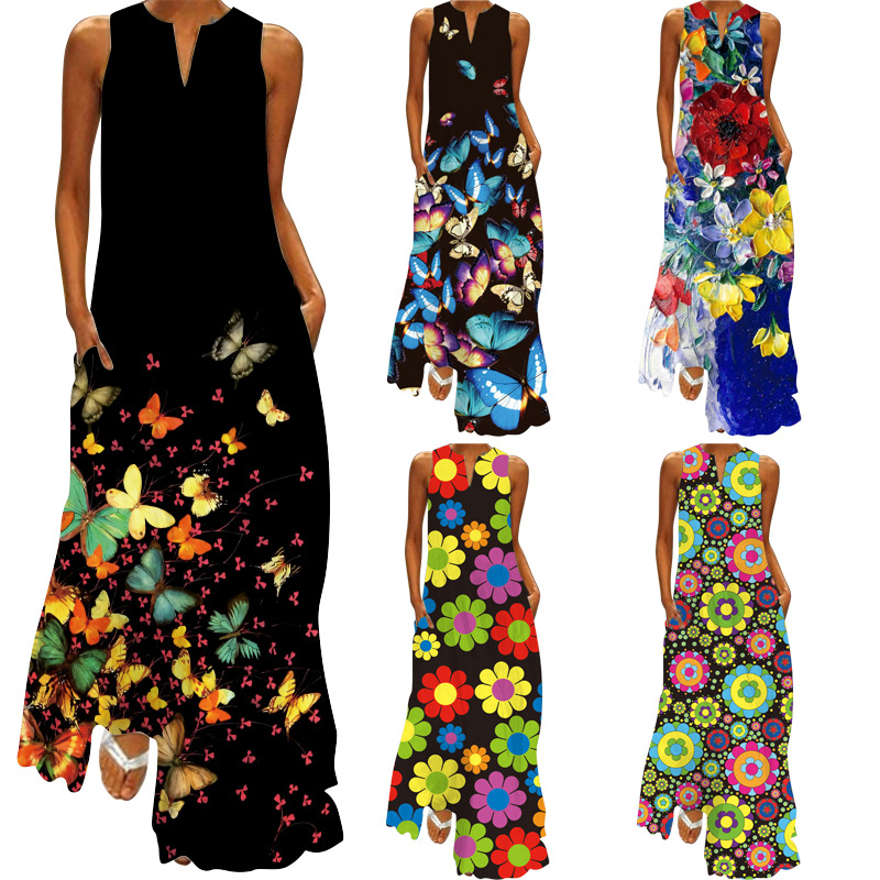 2021 Summer New Style Printed V-neck Pocket Long And Large Retro Dress Comfortable Sexy Fashionable Butterfly Women&#39;s Clothing 