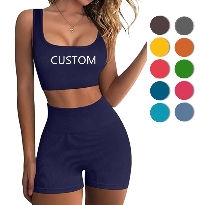 Ribbed Women Sportswear Two Piece Yoga Set Workout Suit Sport Bra And Shorts Yoga Set
