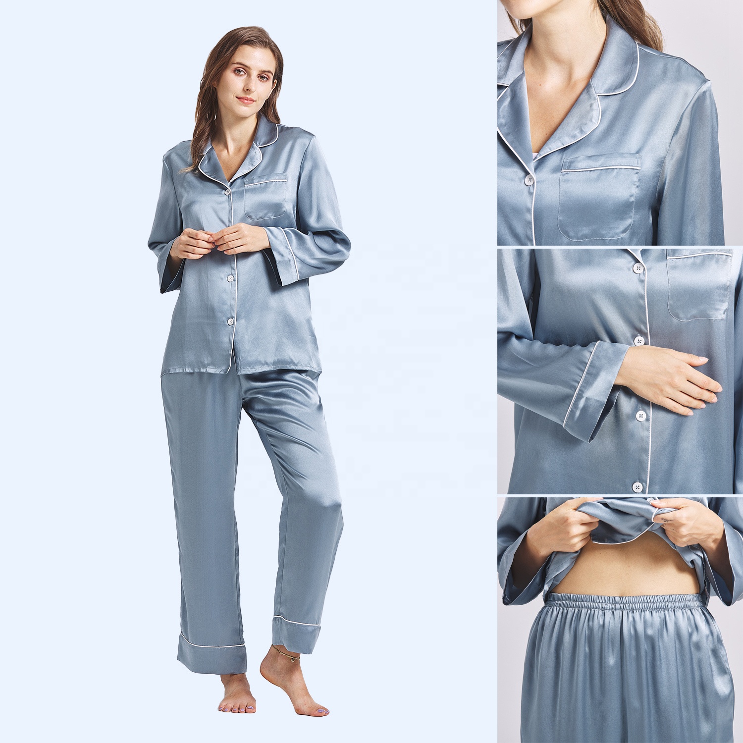 New Design Nighty Long Sleeves Misty Blue Silk Pyjama Set 16/19/22 Momme Breathable Mulberry Silk Sleepwear For Woman 