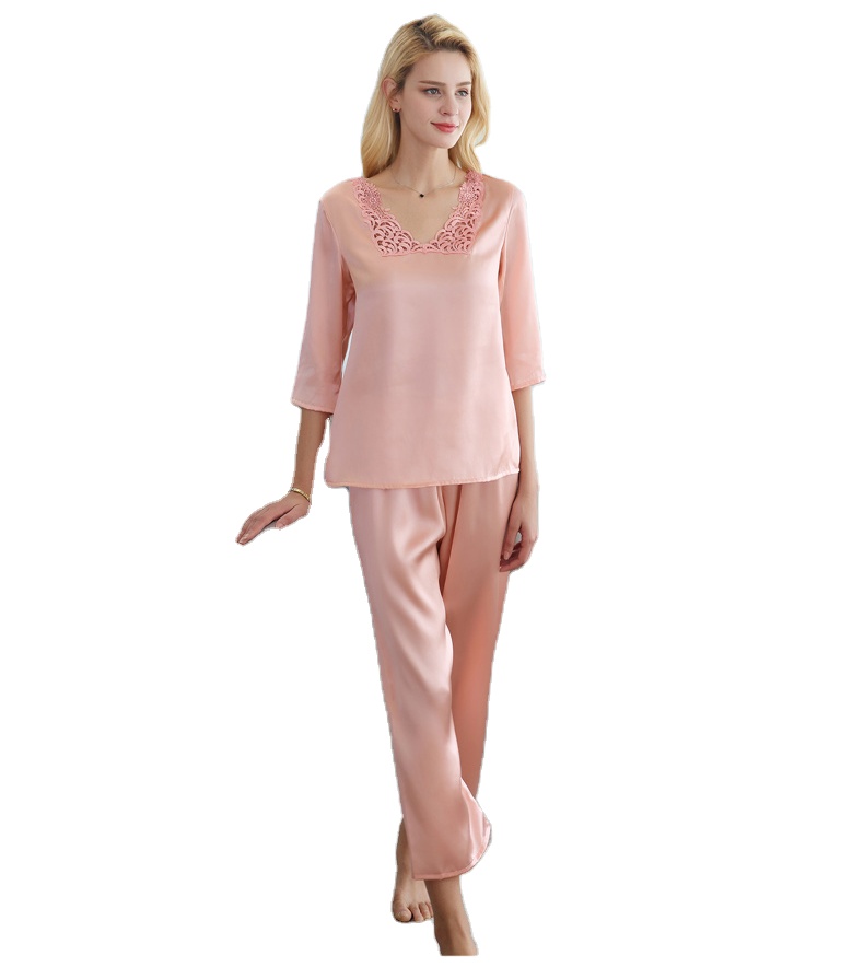 Women Home Wear Silk Pajamas Set 100% Mulberry Silk Women Sleepwear Lace Collar Pyjamas 